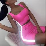 Stretchy Neon Reflective Striped Biker Shorts Set Women
